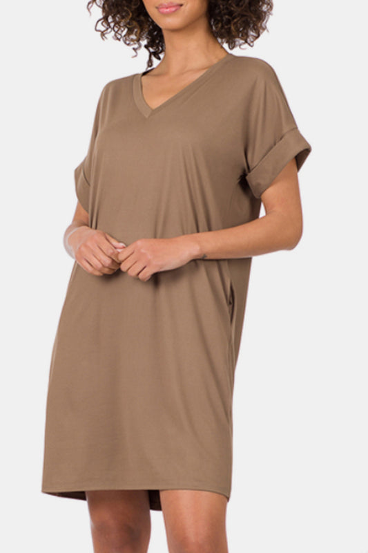 Zenana Rolled Short Sleeve V-Neck Dress nicholesgifts