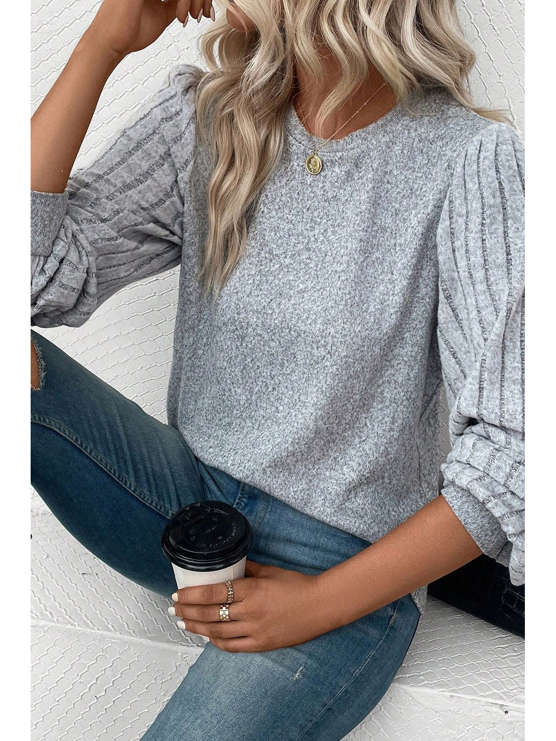 Women Ribbed Round Neck Long Sleeve Knit Top nicholesgifts