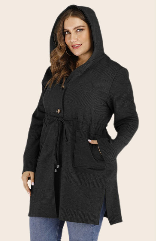 NicholesGifts Women Plus Size Drawstring Waist Hooded Cardigan with Pockets NicholesGifts