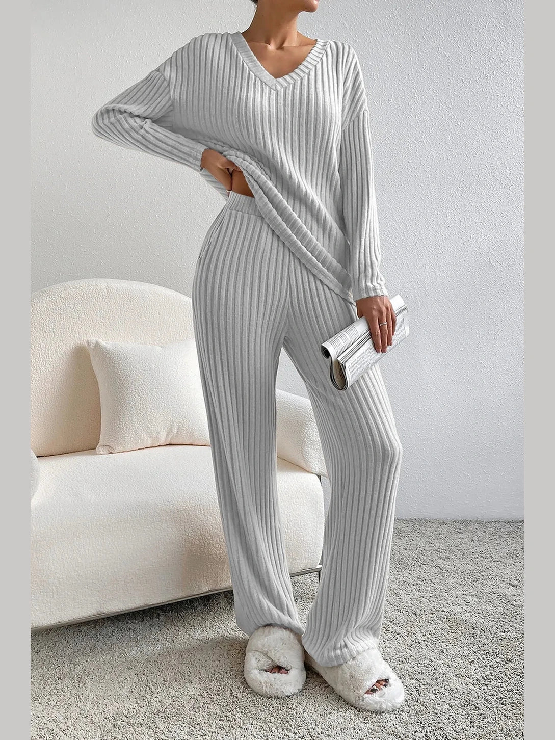 Ribbed V-Neck Top and Pants Lounge Set nicholesgifts