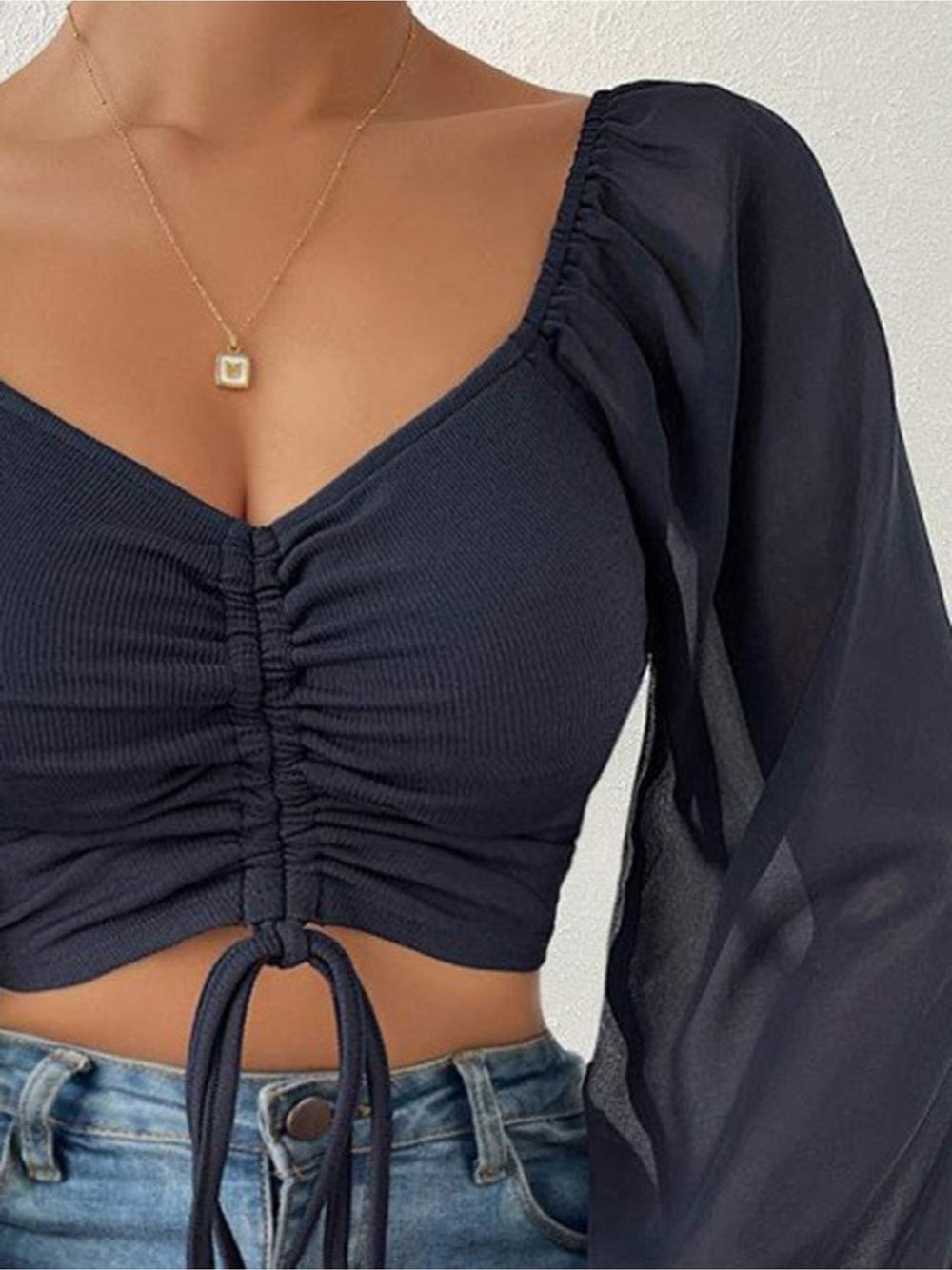 Women Drawstring Sweetheart Neck Cropped Top nicholesgifts