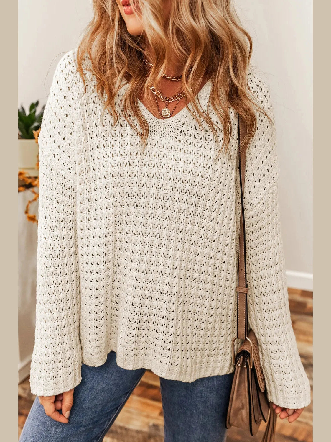 Openwork Round Neck Long Sleeve Sweater Trendsi