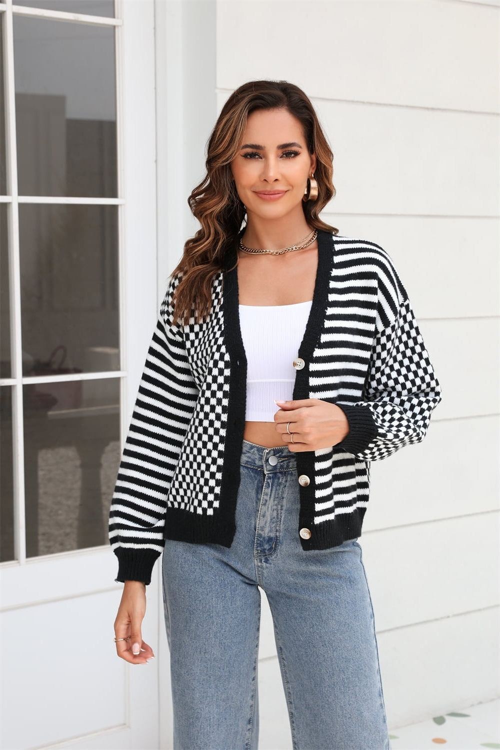 Button-Down Stripe & Plaid Contrast Pattern Cardigan nicholesgifts