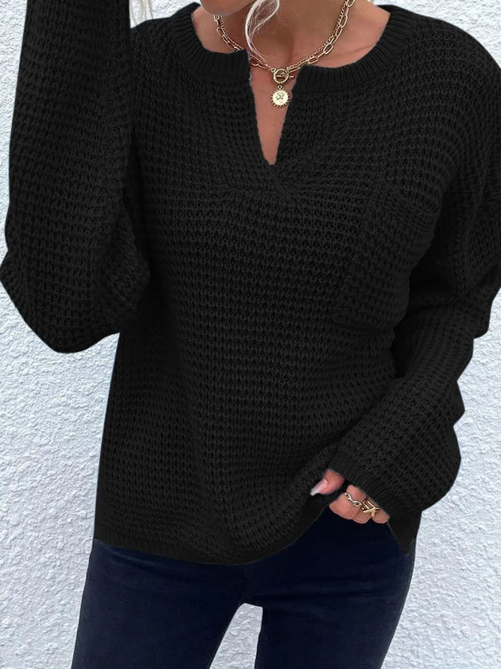 Notched Long Sleeve Sweater nicholesgifts