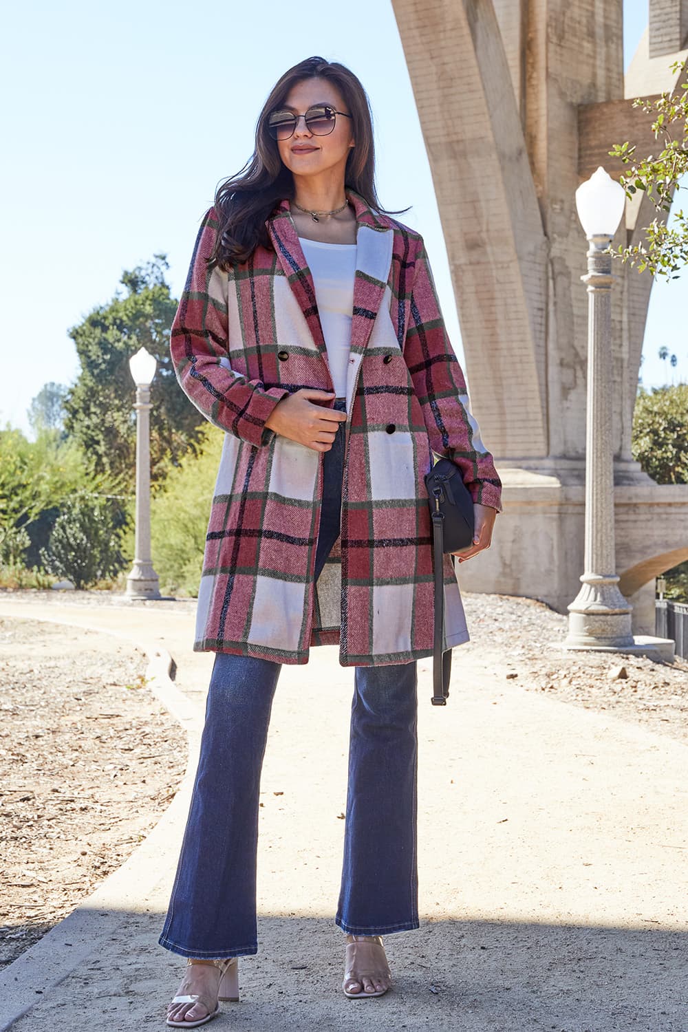 Double Take Full Size Plaid Button Up Lapel Collar Coat nicholesgifts