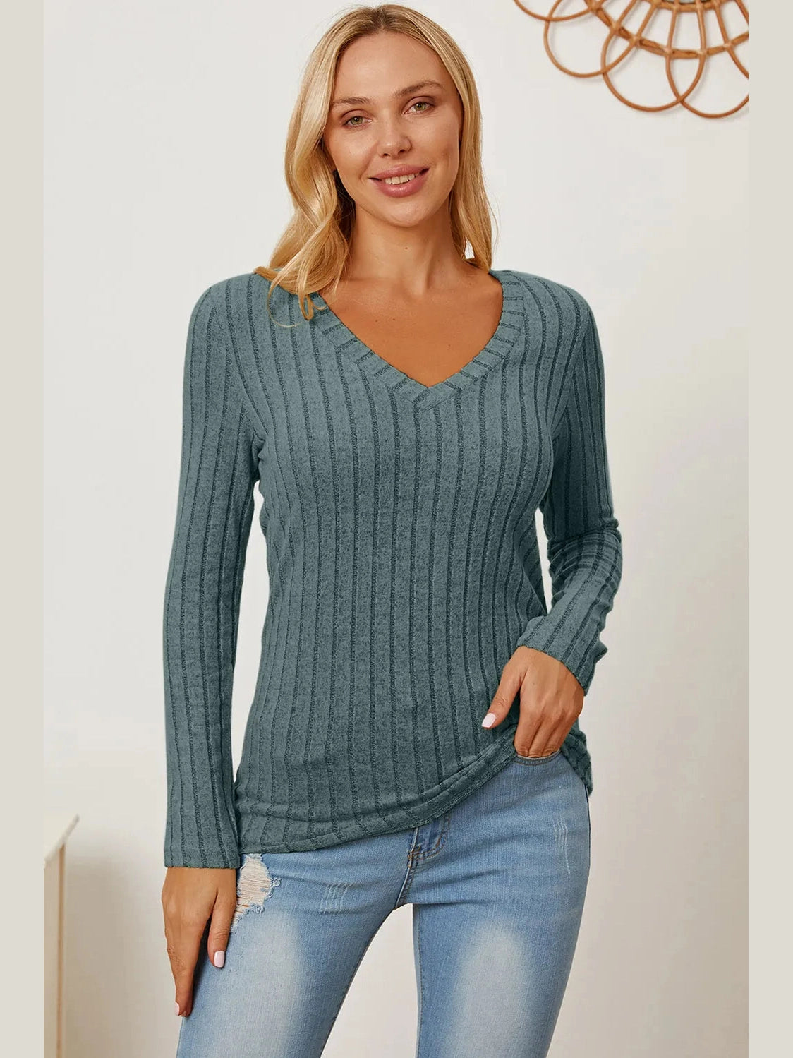 Basic Bae Full Size Ribbed V-Neck Long Sleeve T-Shirt nicholesgifts