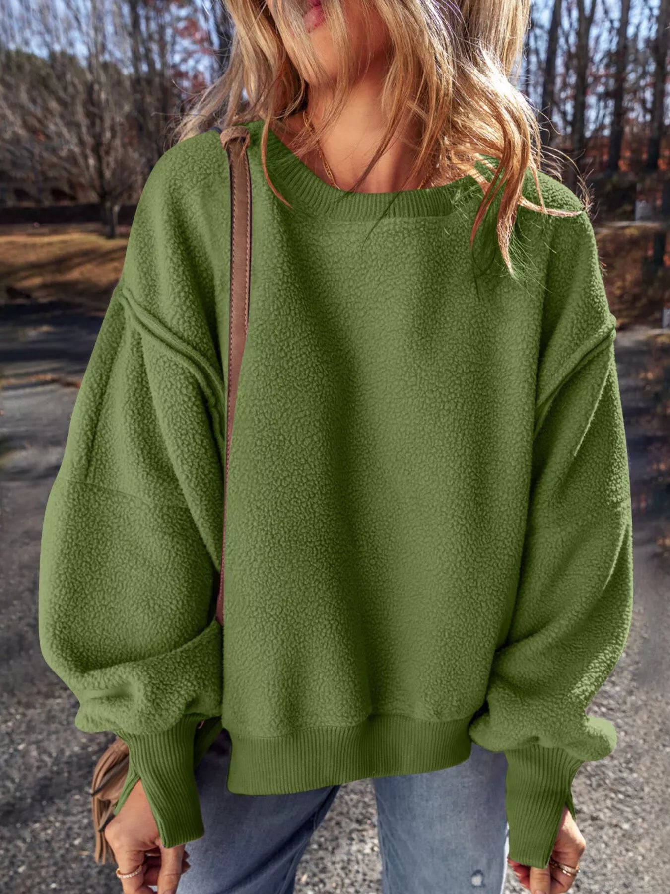 Round Neck Dropped Shoulder Sweatshirt Trendsi