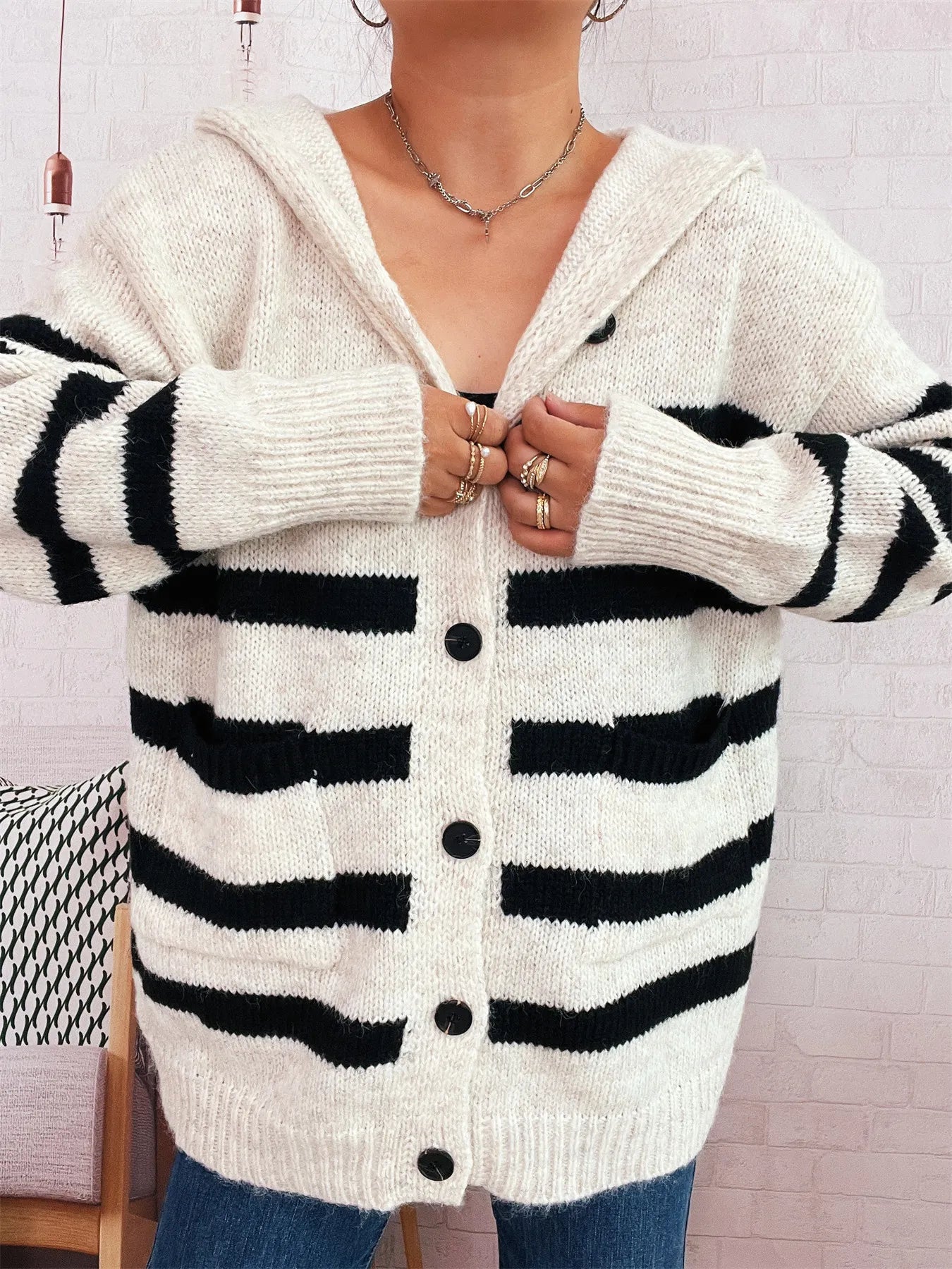 Striped Button-Up Hooded Cardigan