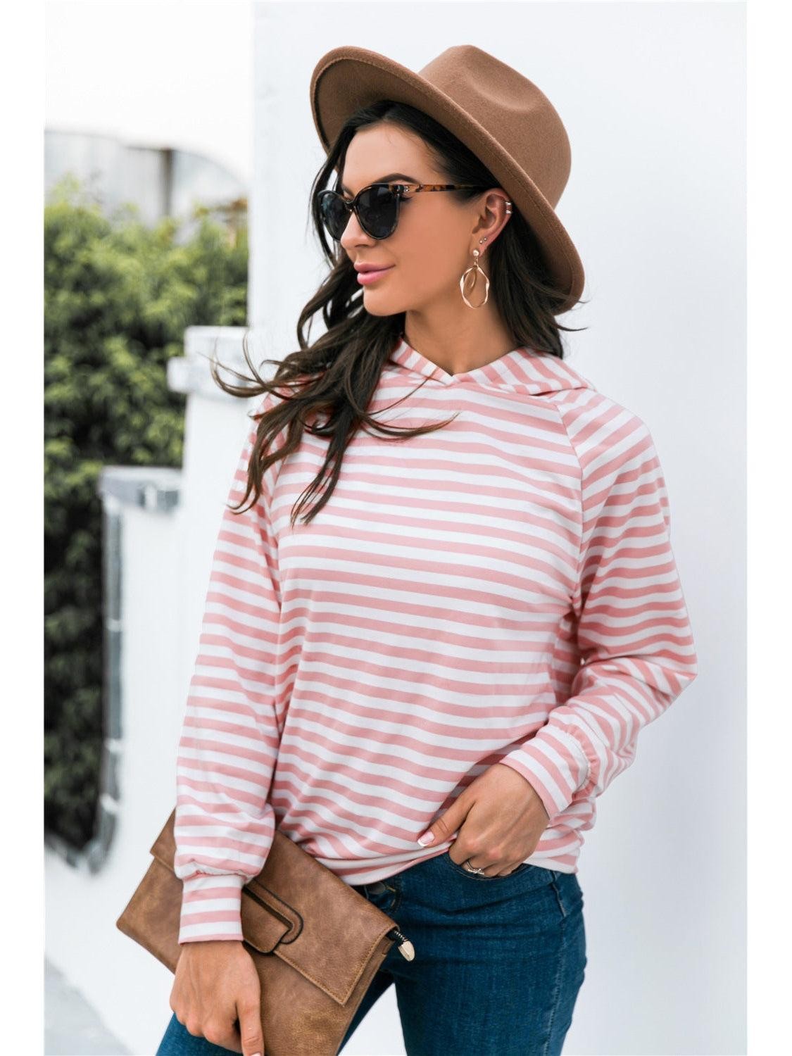 Women Horizontal Stripe Raglan Sleeve Hoodie Undisclosed