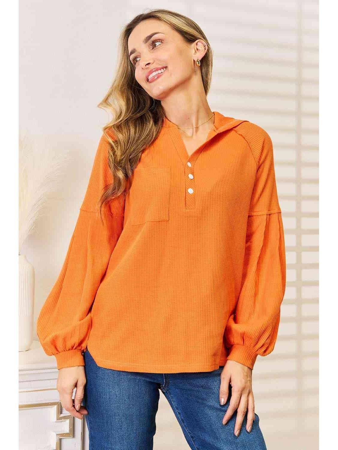 Women Basic Bae Side Slit Buttoned Waffle Knit Hoodie Unbranded