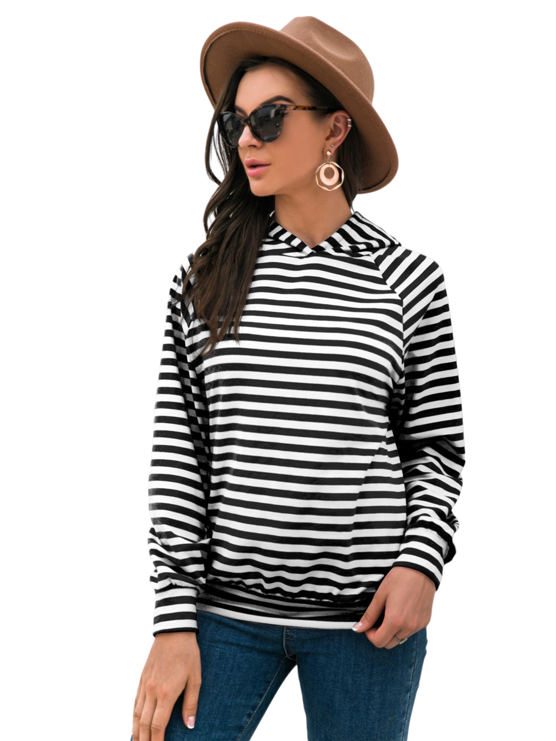 Women Horizontal Stripe Raglan Sleeve Hoodie Undisclosed
