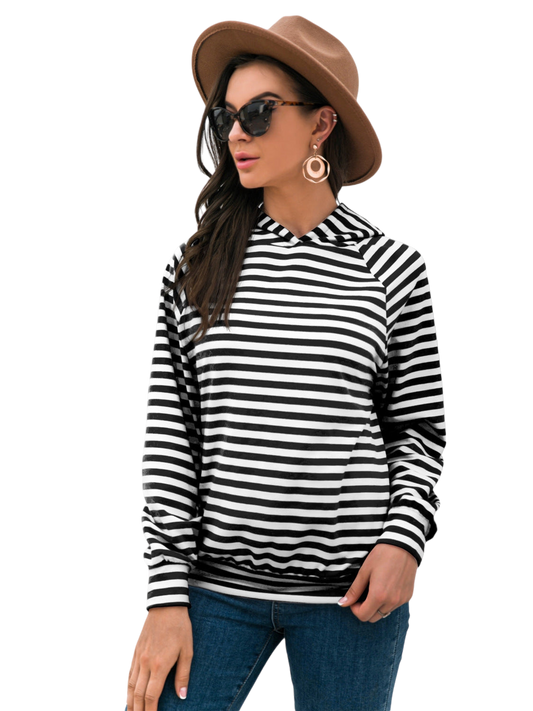 Women Horizontal Stripe Raglan Sleeve Hoodie Undisclosed