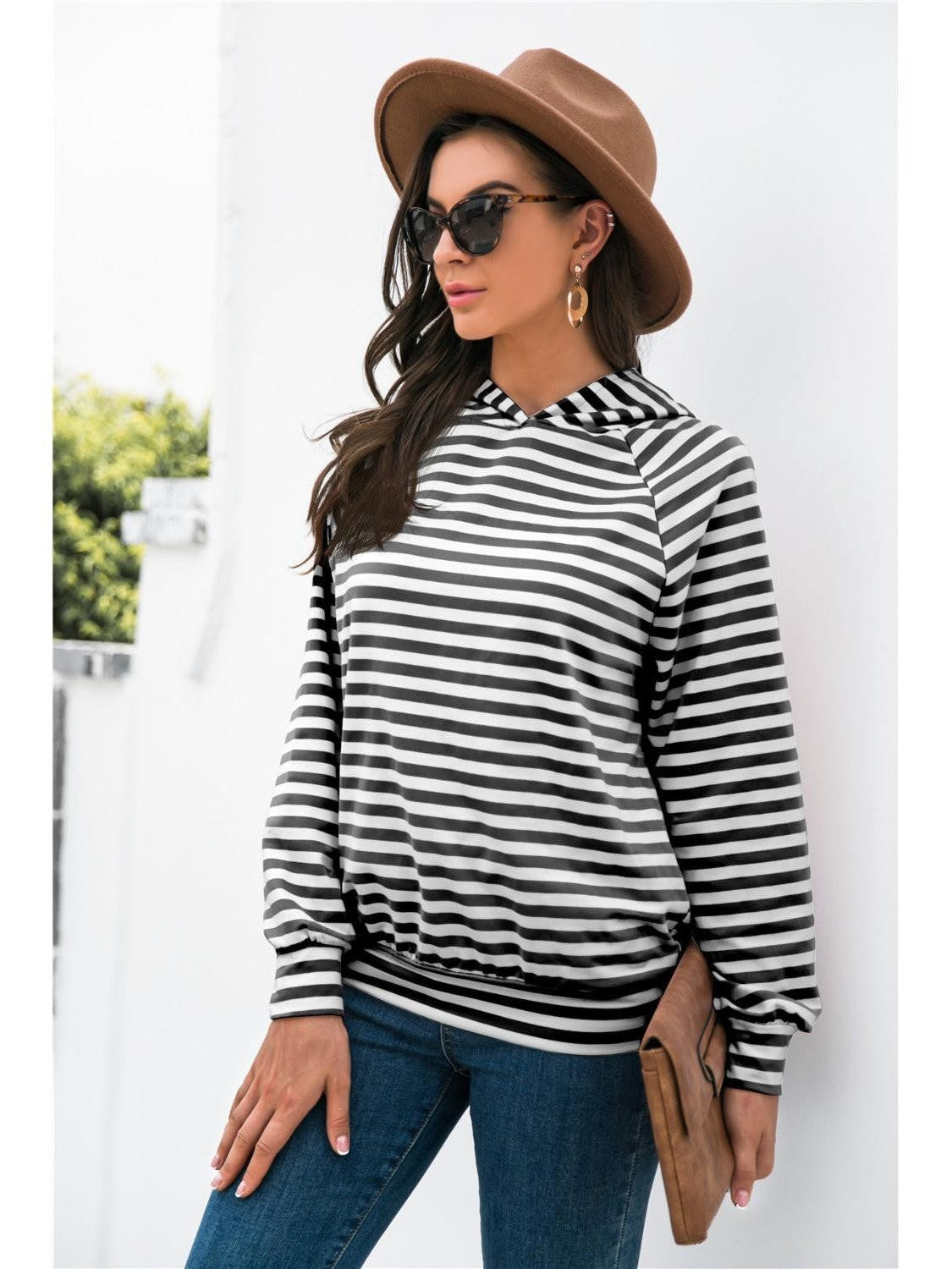 Women Horizontal Stripe Raglan Sleeve Hoodie Undisclosed