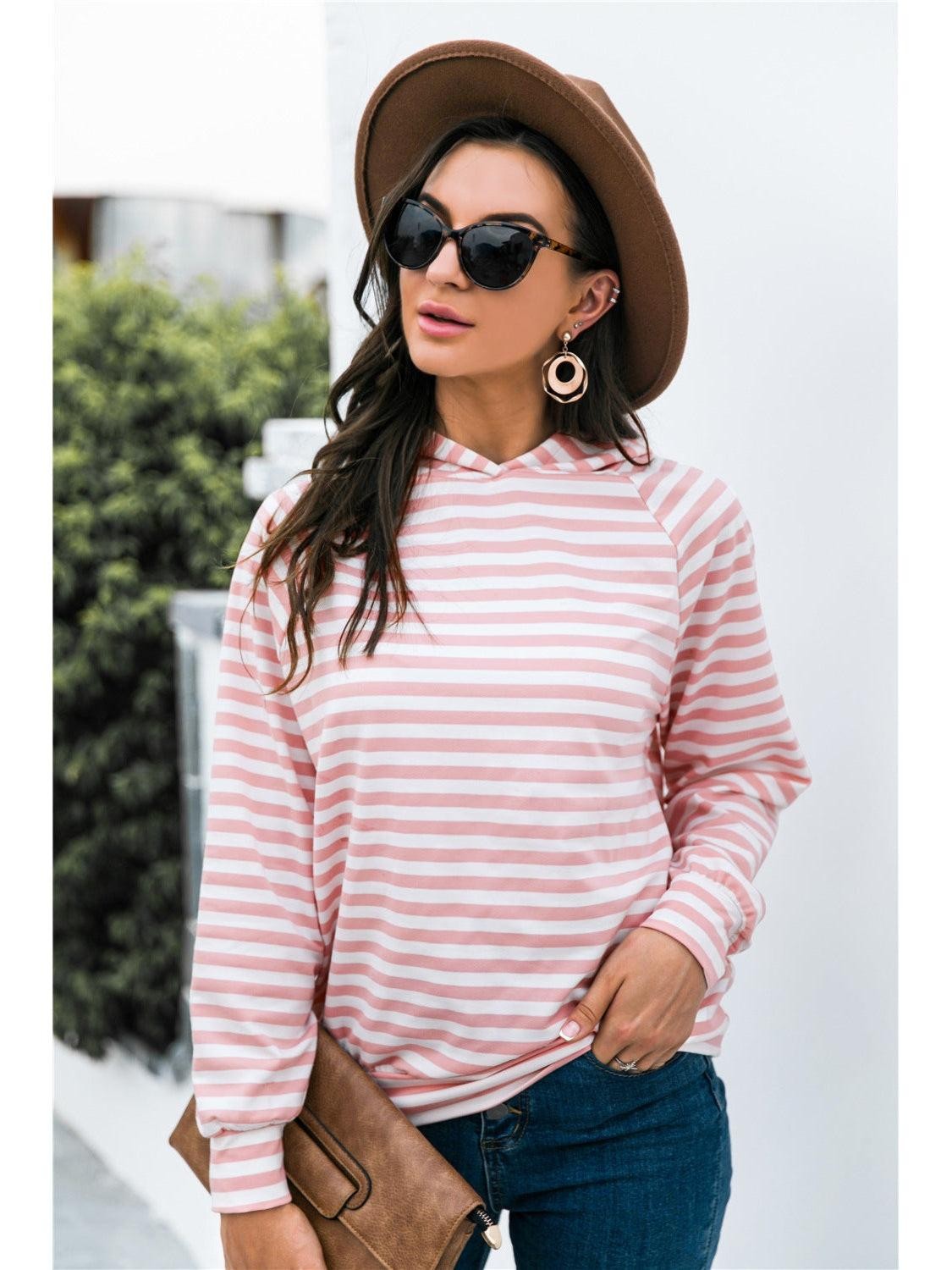 Women Horizontal Stripe Raglan Sleeve Hoodie Undisclosed