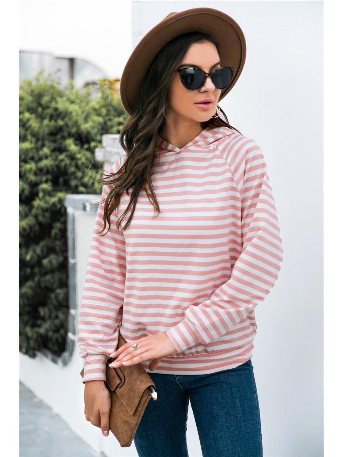 Women Horizontal Stripe Raglan Sleeve Hoodie Undisclosed