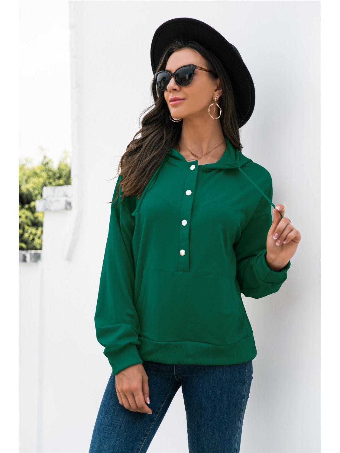 Women Half-Snap Drawstring Hoodie with Kangaroo Pocket Unbranded