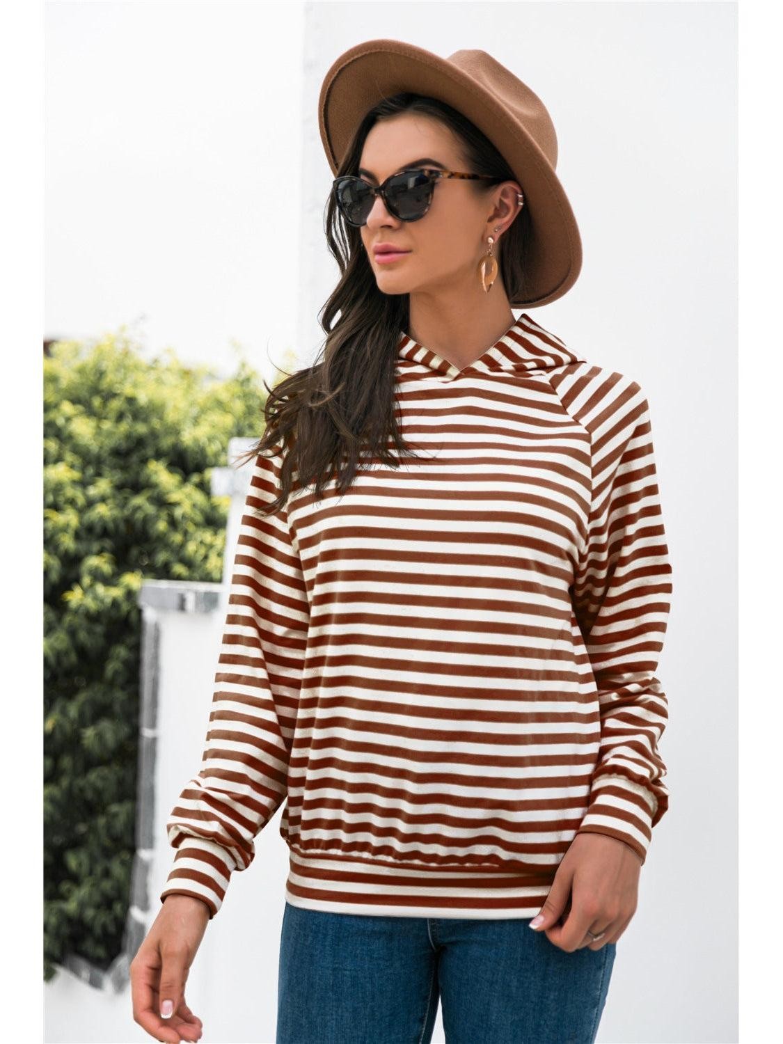 Women Horizontal Stripe Raglan Sleeve Hoodie Undisclosed
