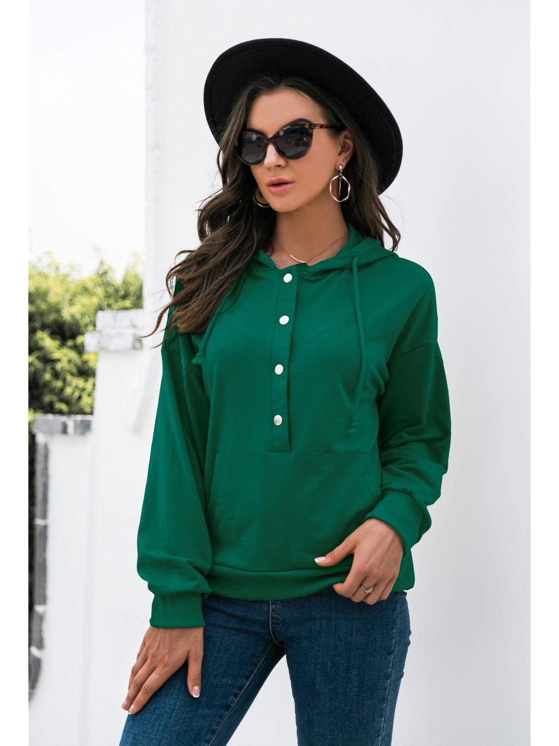 Women Half-Snap Drawstring Hoodie with Kangaroo Pocket Unbranded