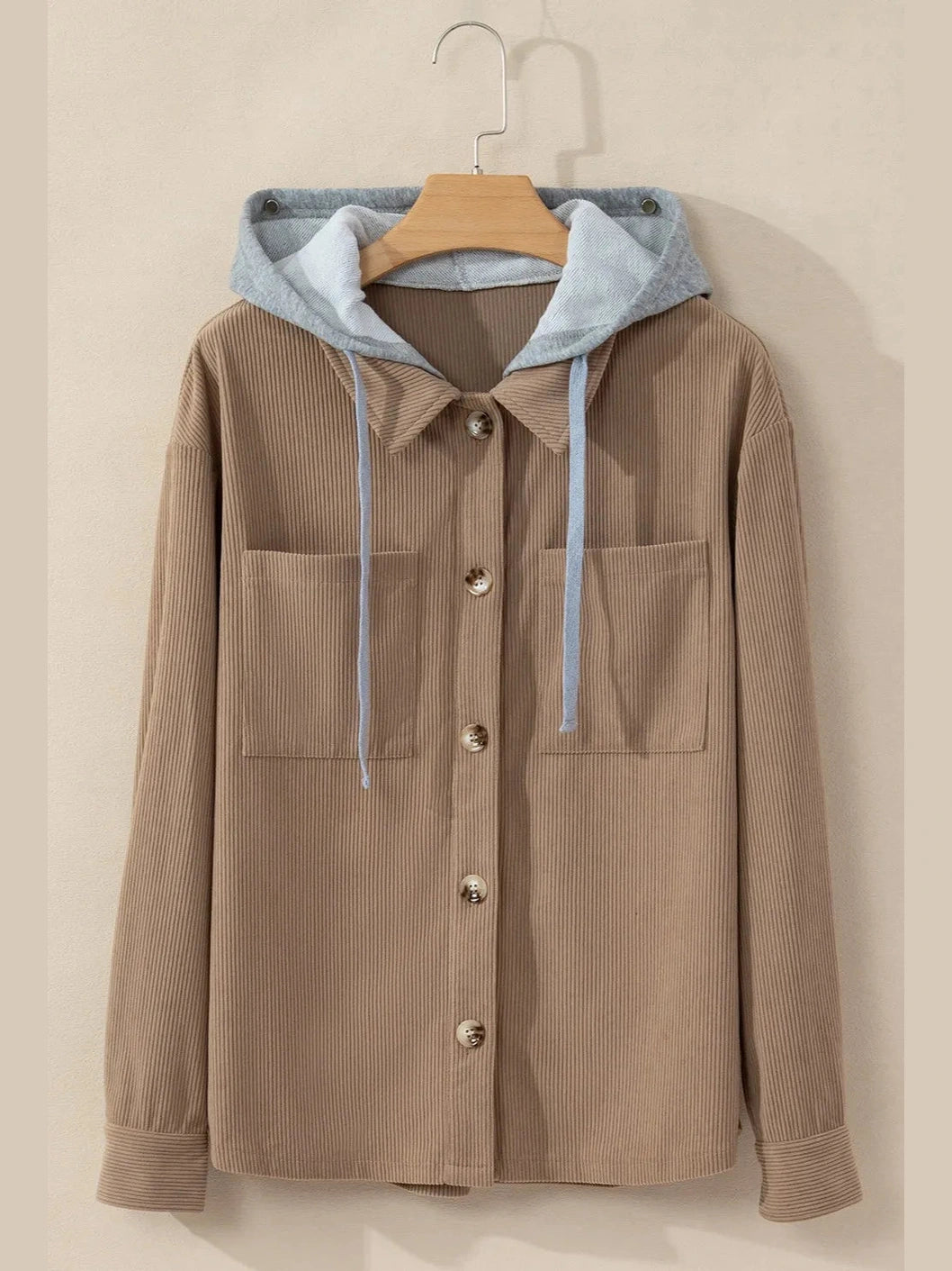 Drawstring Button Up Long Sleeve Hooded Jacket nicholesgifts