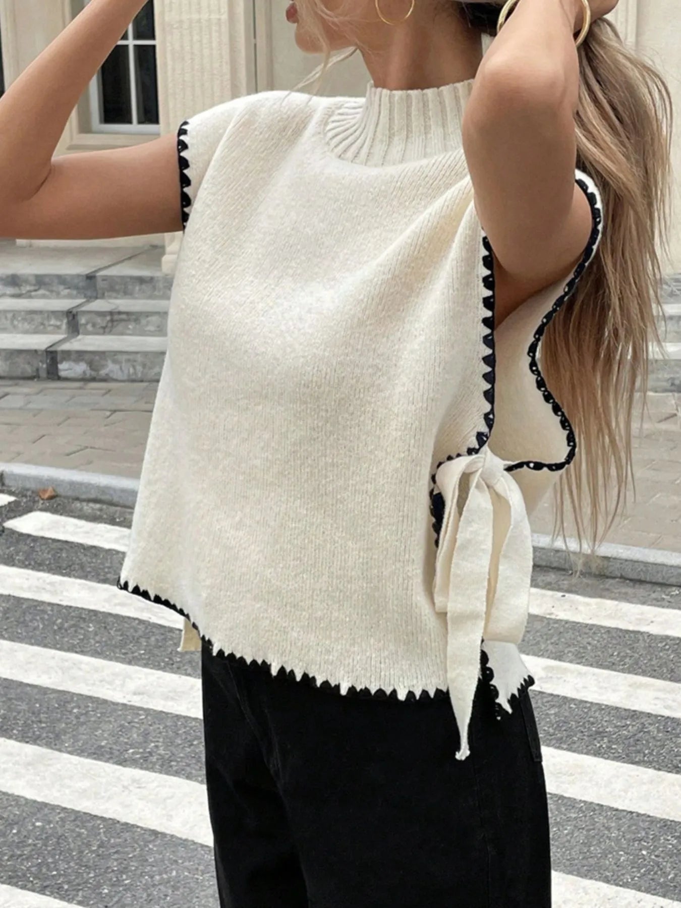Ribbed Turtleneck Sweater Vest with Contrast Trim Trendsi