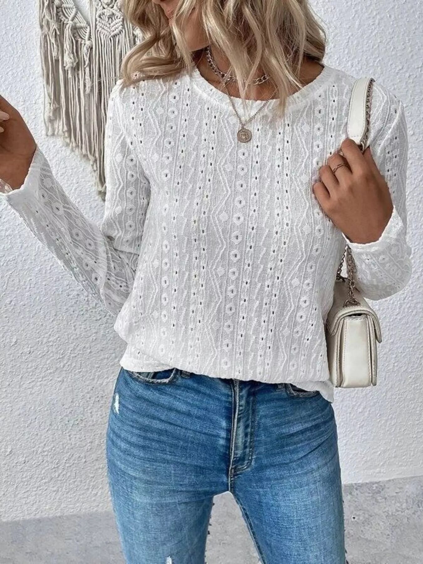 Full Size Eyelet Round Neck Long Sleeve Blouse Plus Size Trendsi