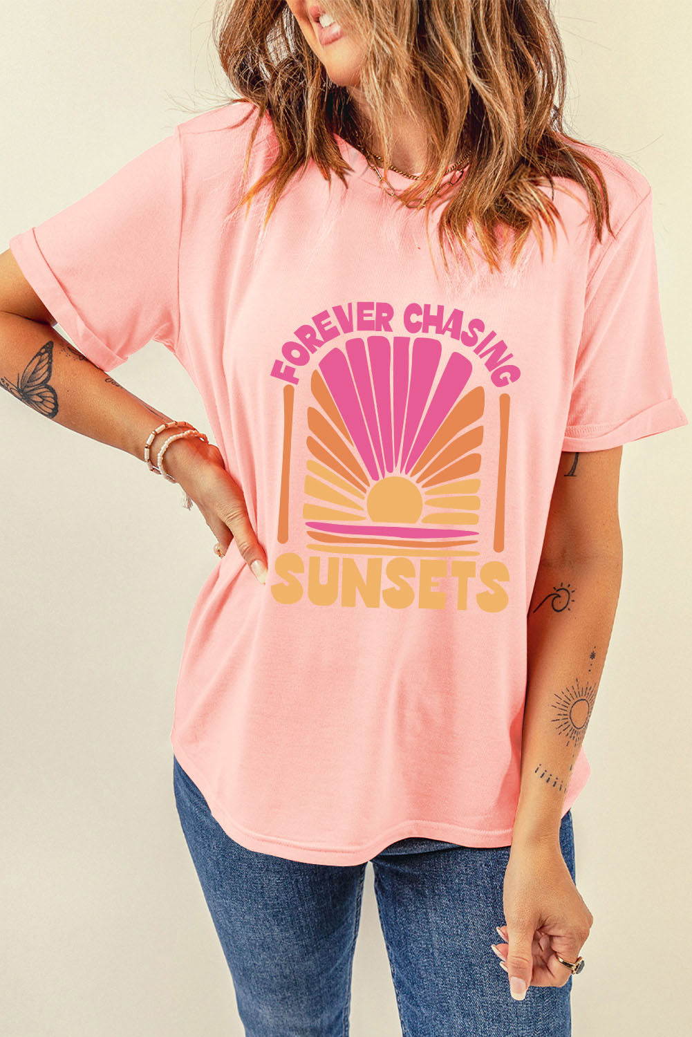 Women Forever Chasing Sunsets Round Neck T-Shirt - NicholesGifts.online