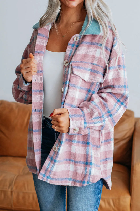 Plaid Collared Neck Flap Pockets Shacket Trendsi