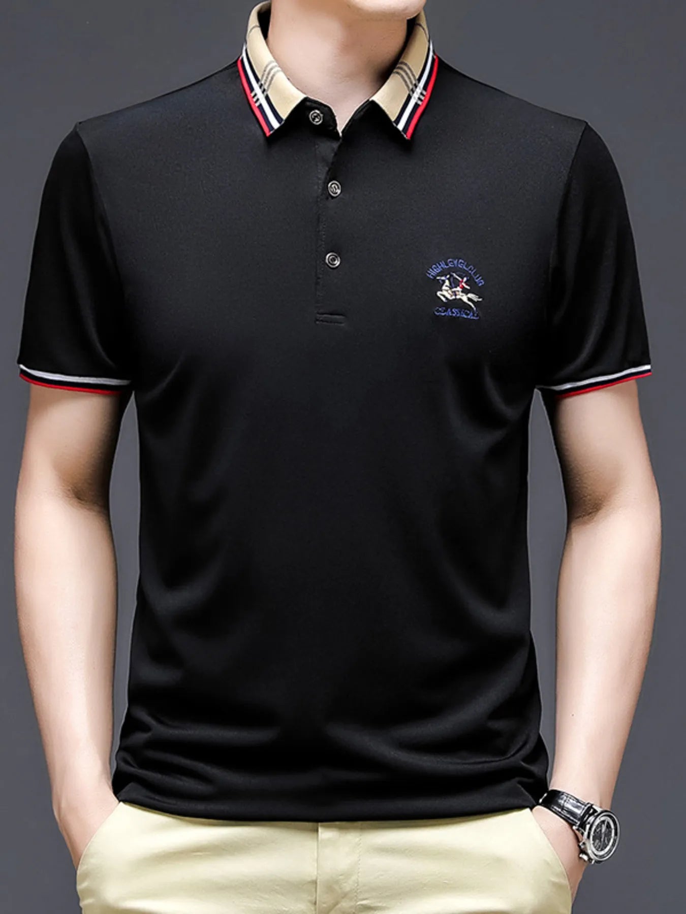 Men's Plus Size Striped Collar Short Sleeve Polo Shirt NicholesGifts