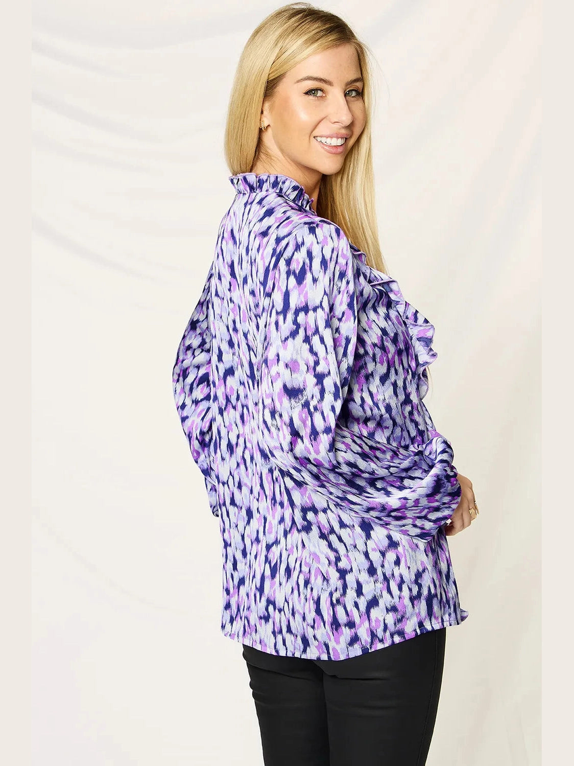 Double Take Full Size Printed Ruffle Trim Balloon Sleeve Shirt nicholesgifts