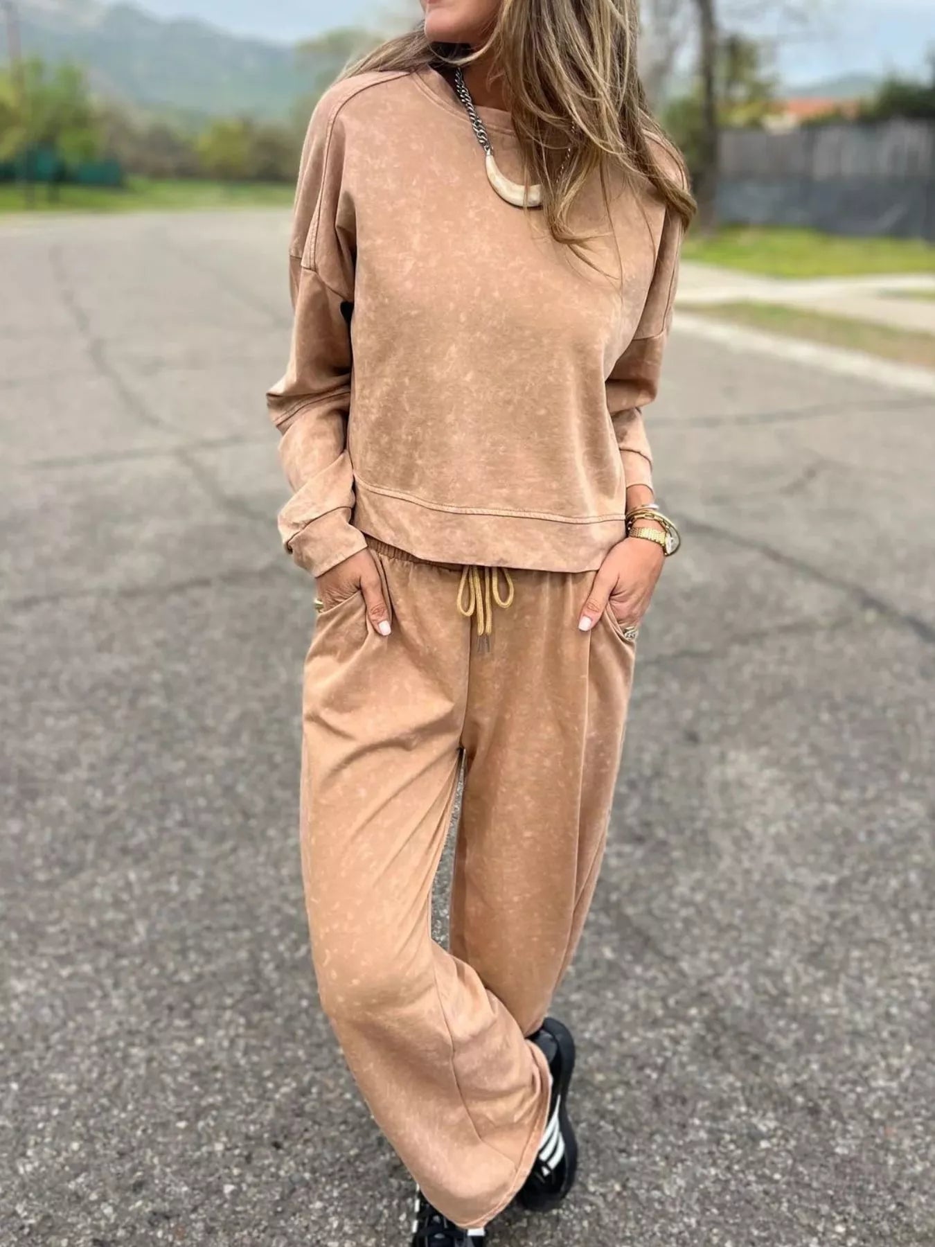 Full Size Washed Round Neck Top and Drawstring Pants Set Plus Size nicholesgifts