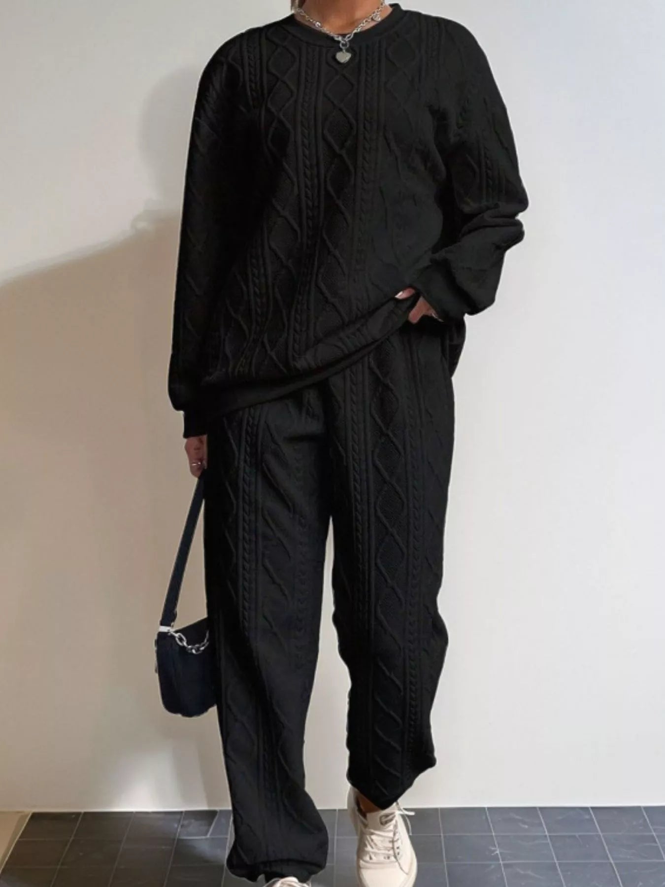 Texture Round Neck Top and Pants Set nicholesgifts