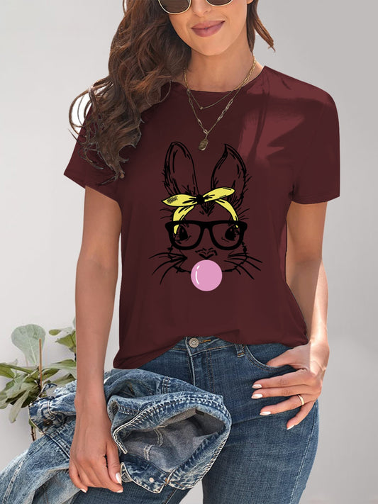 Women Rabbit Graphic Round Neck Short Sleeve T-Shirt nicholesgifts