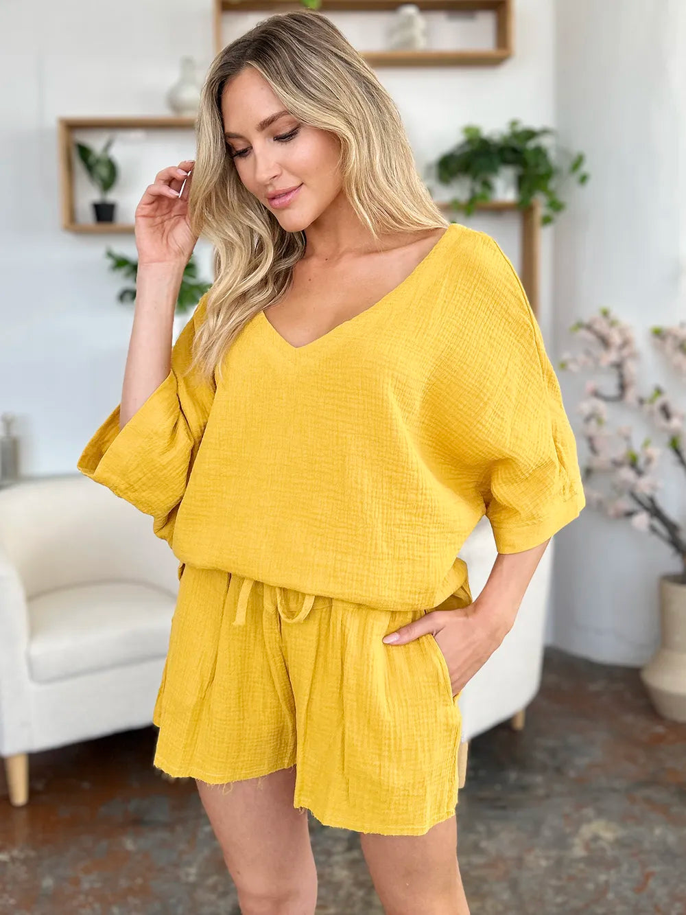 Double Take Texture Half Sleeve T-Shirt and Drawstring Shorts Set NicholesGifts