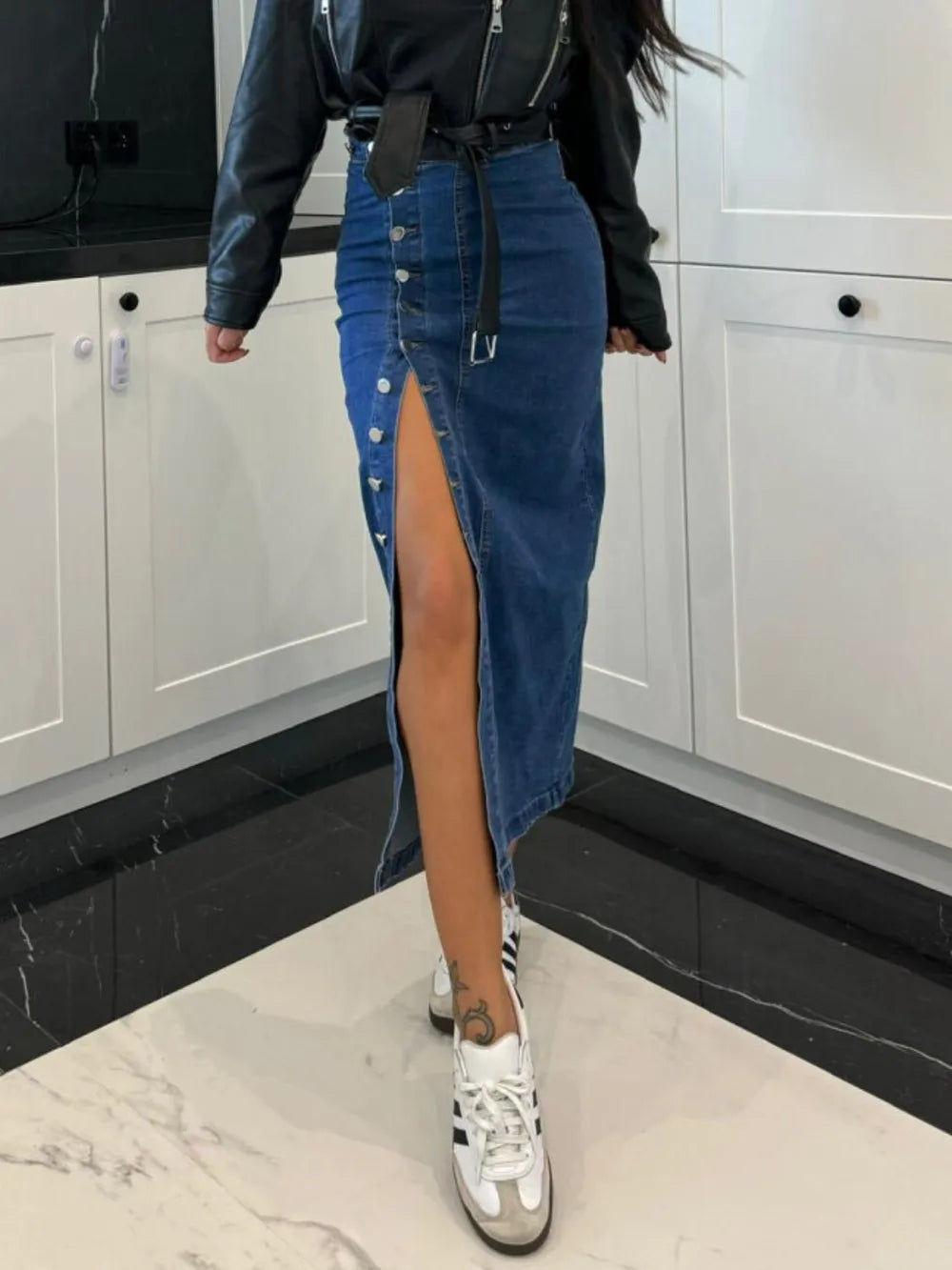 Front Button Slit Midi Denim Skirt nicholesgifts