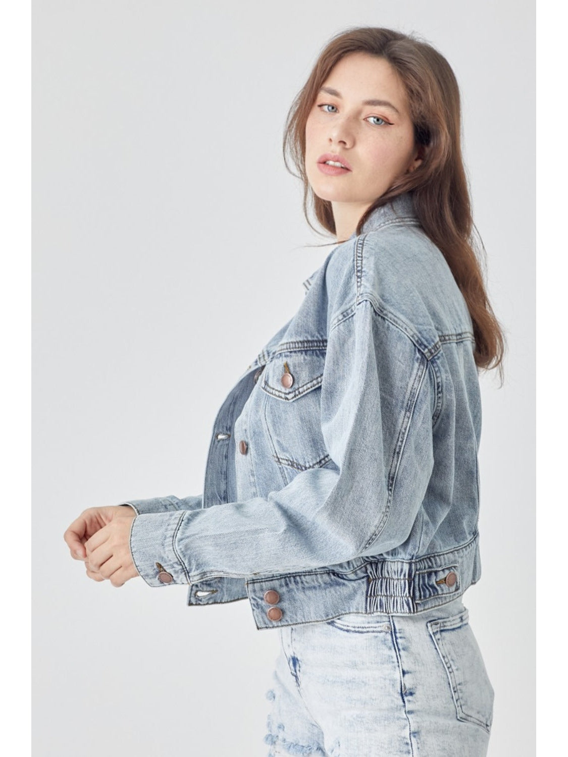 RISEN Full Size Button Down Cropped Denim Jacket nicholesgifts