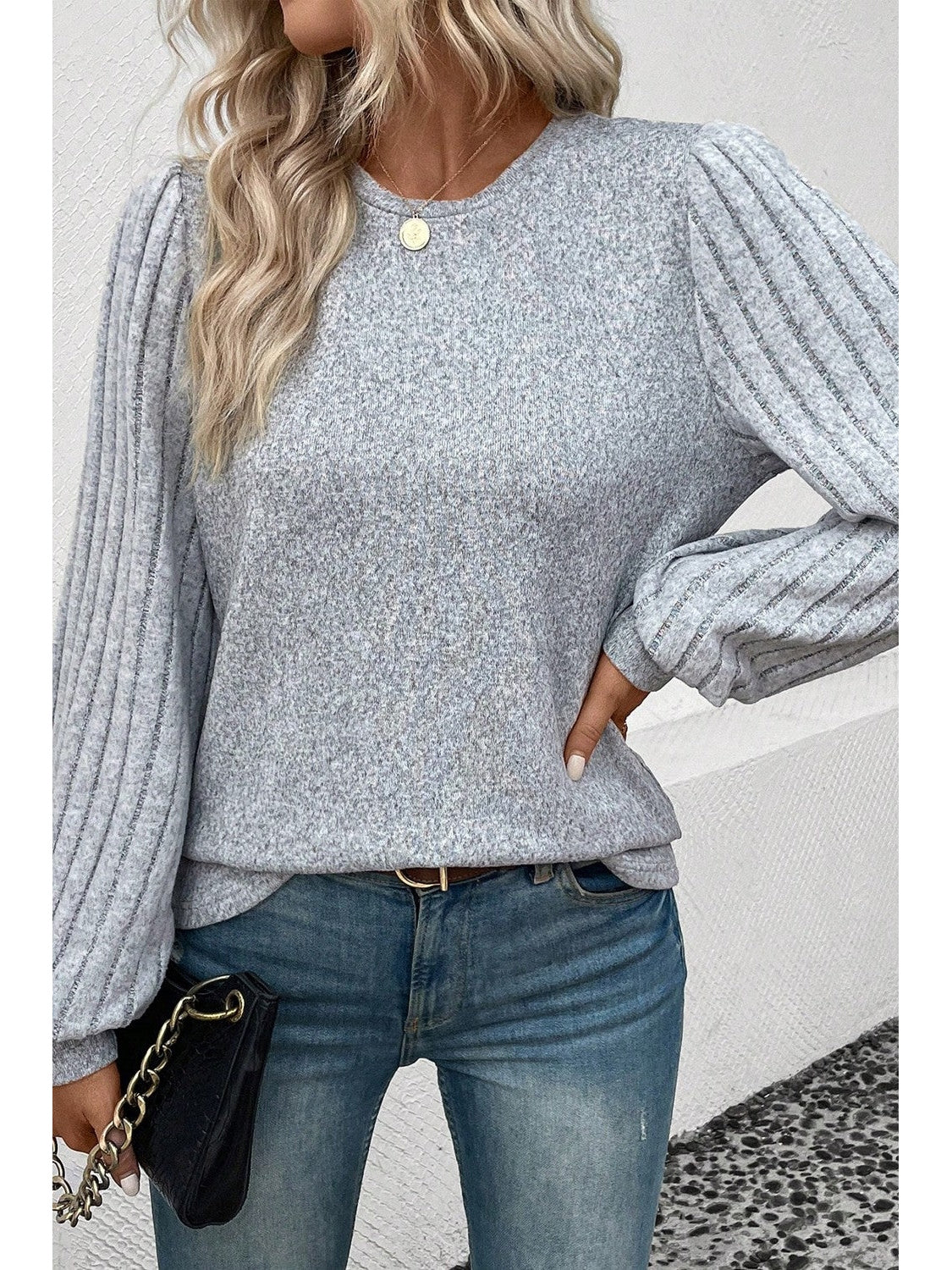 Women Ribbed Round Neck Long Sleeve Knit Top nicholesgifts