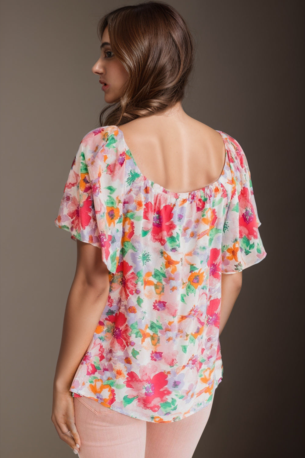 Printed Scoop Neck Flutter Sleeve Blouse nicholesgifts