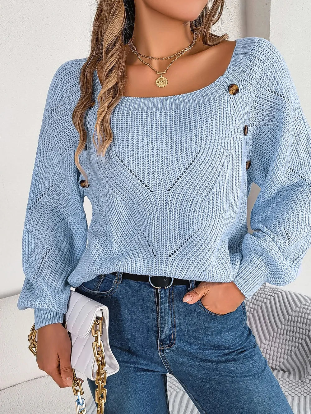 Openwork Buttoned Square Neck Sweater Trendsi