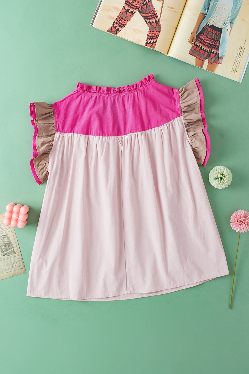 Ruffled Color Block Notched Cap Sleeve Blouse nicholesgifts