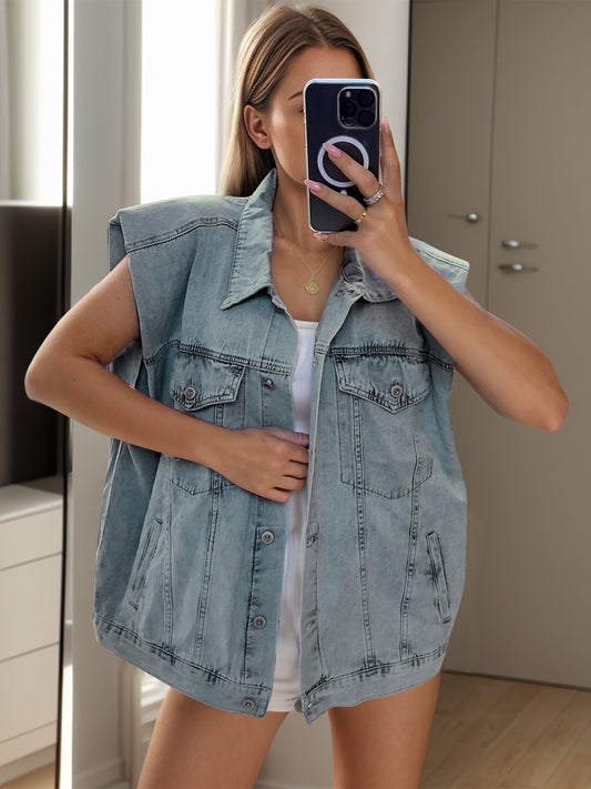 Pocketed Button Up Cap Sleeve Denim Jacket NicholesGifts