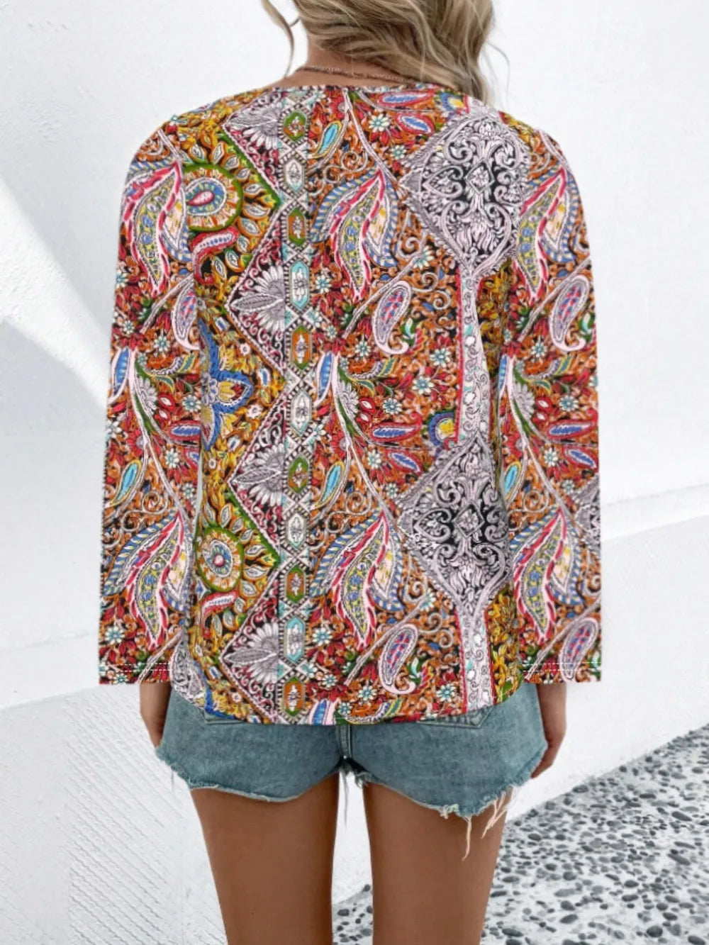 Printed V-Neck Long Sleeve Blouse NicholesGifts