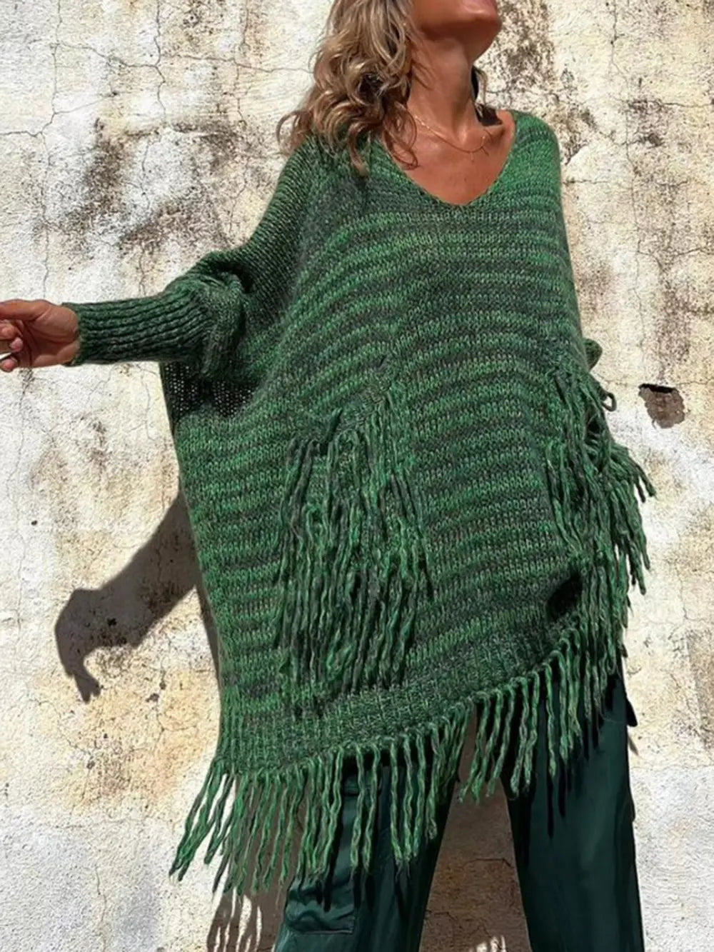 Fringe Detail Long Sleeve Sweater with Pockets Trendsi