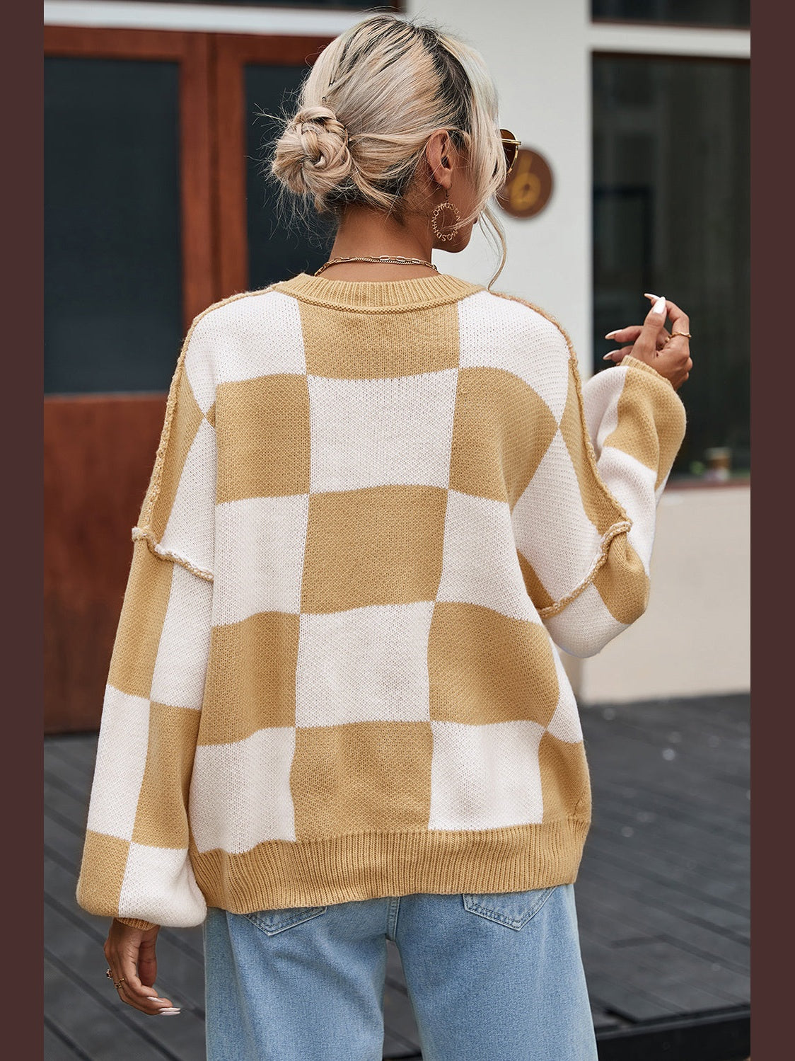 Checkered Exposed Seam Drooped Shoulder Sweater nicholesgifts