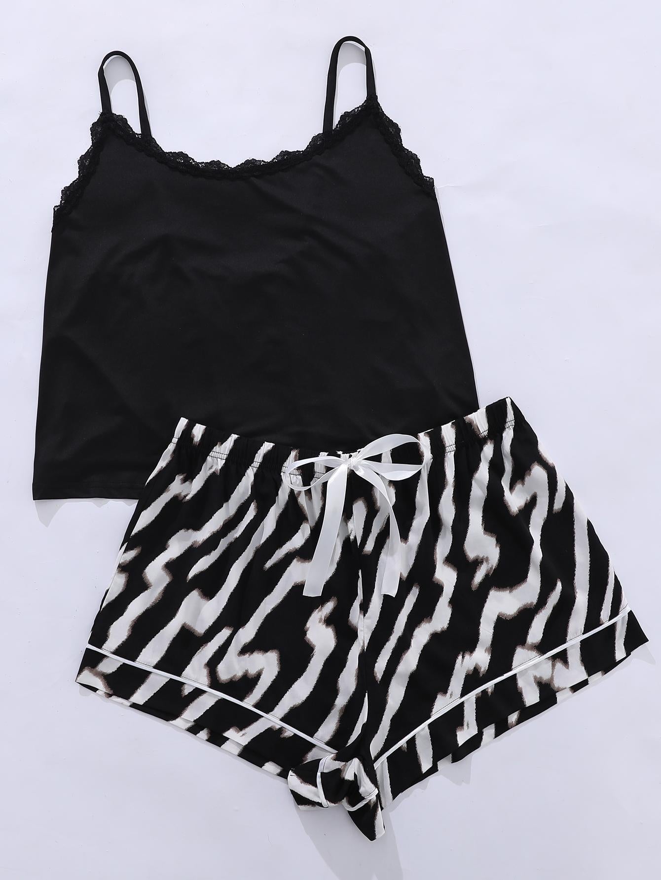 Plus Size Lace Trim Scoop Neck Cami and Printed Shorts Pajama Set nicholesgifts