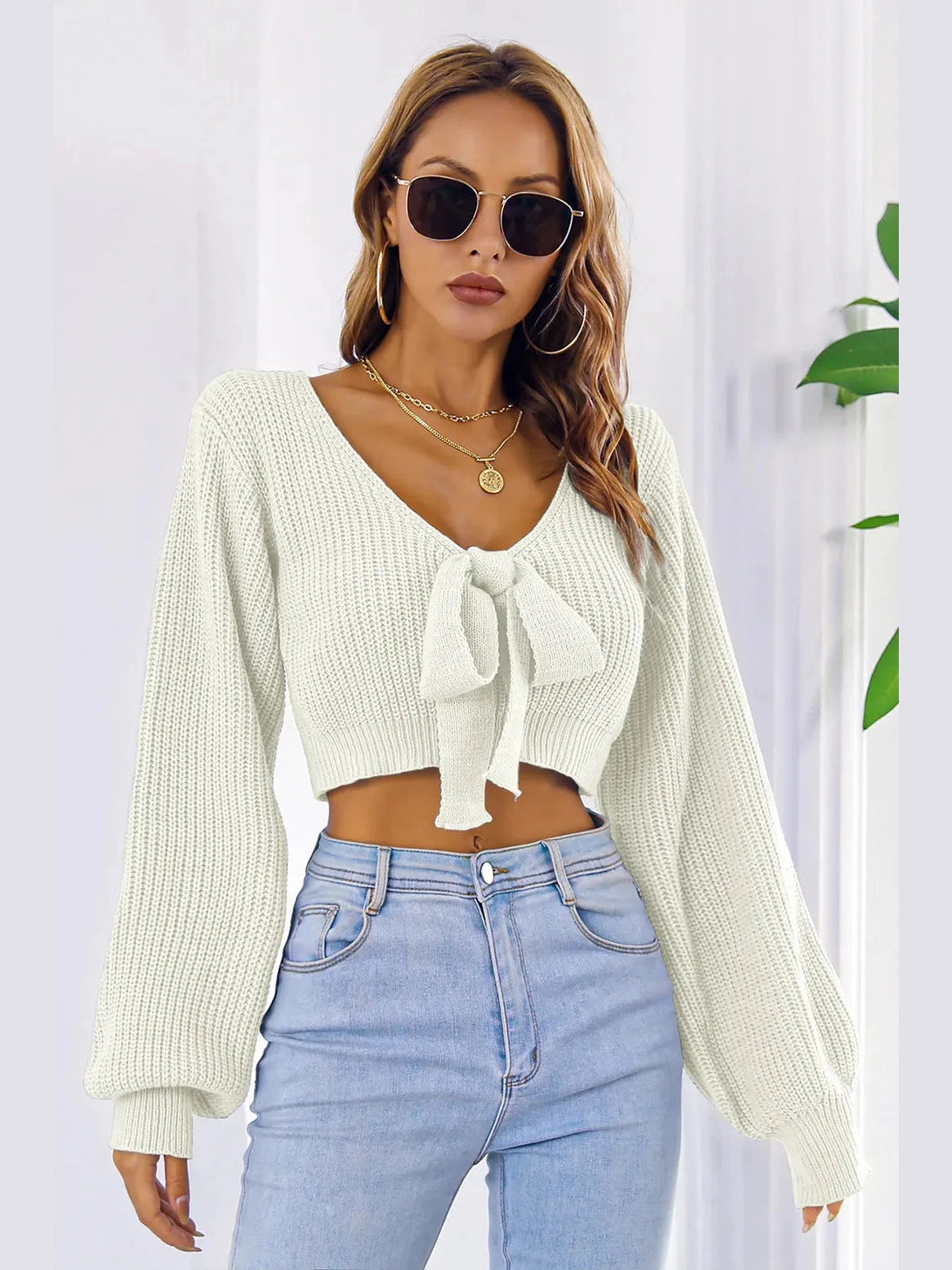 Bow V-Neck Long Sleeve Cropped Sweater nicholesgifts
