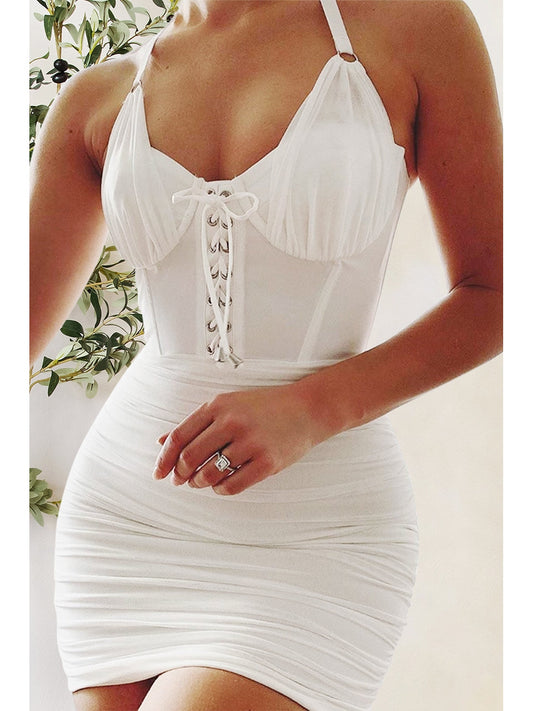 Women White Lace-Up Ruched Halter Neck Sleeveless Wrap Dress nicholesgifts