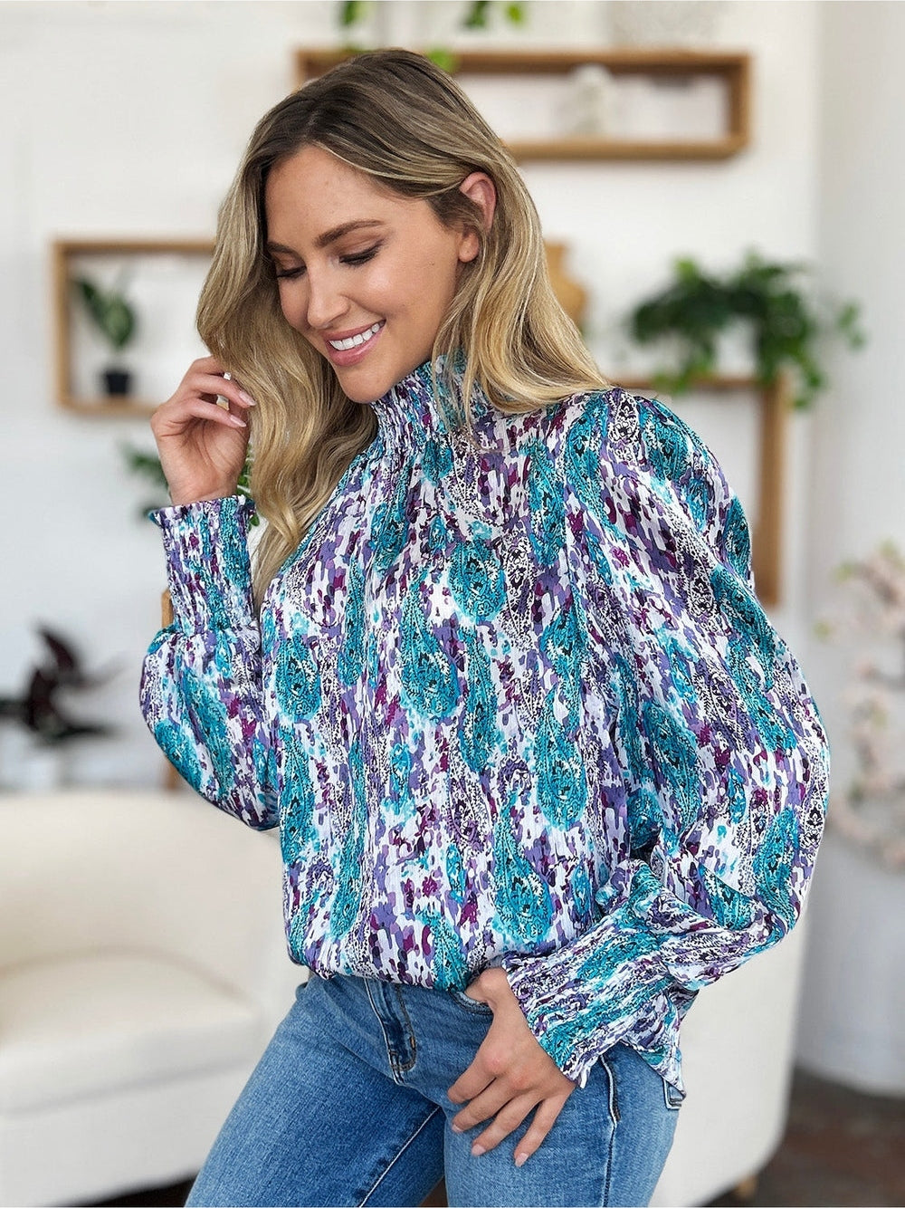 Women Double Take Full Size Printed Smocked Long Sleeve Blouse nicholesgifts