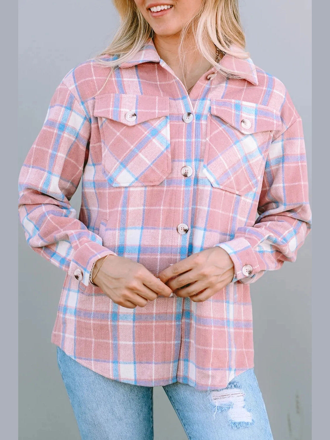 Plaid Pocketed Collared Neck Button Up Jacket nicholesgifts