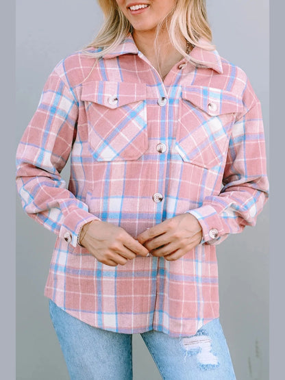 Plaid Pocketed Collared Neck Button Up Jacket nicholesgifts