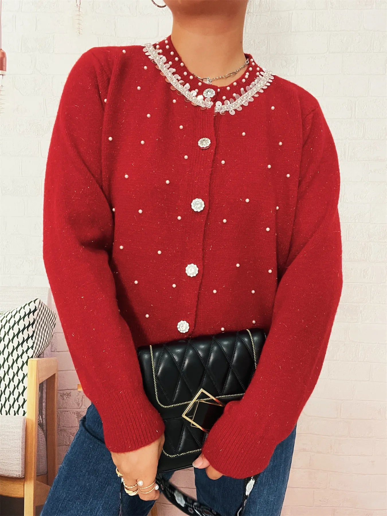 Pearl Detail Button-Front Cardigan NicholesGifts